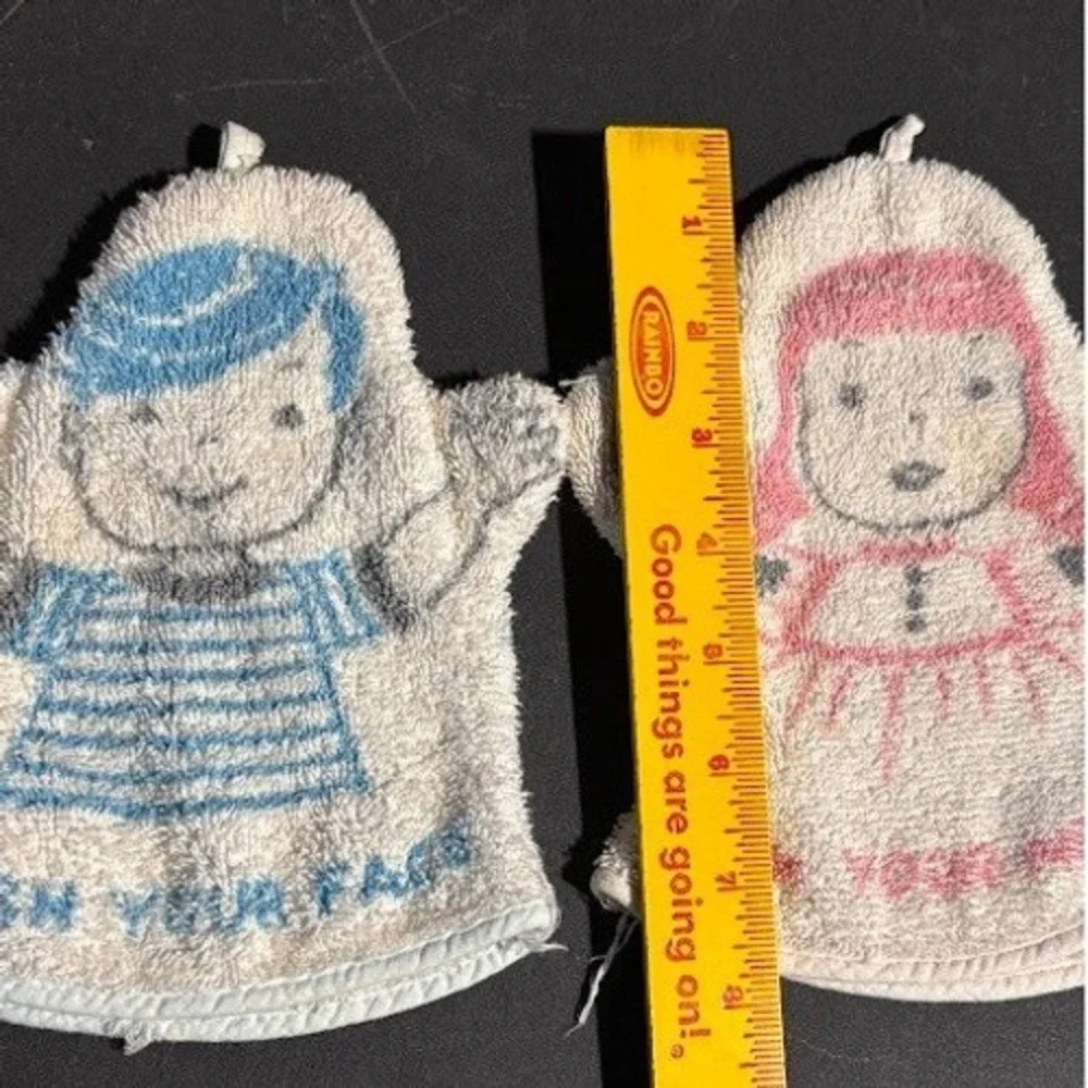 Vintage Puppet Style Washcloths Set Boy Girl Wash Your Face Neck Terry Cloth